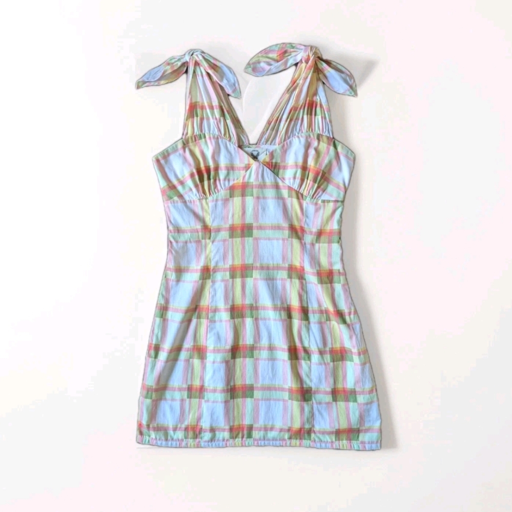 Sacred Hawk Y2K‎ Babydoll Mini Dress Tie Shoulder Plaid Coquette Girlhoodcore